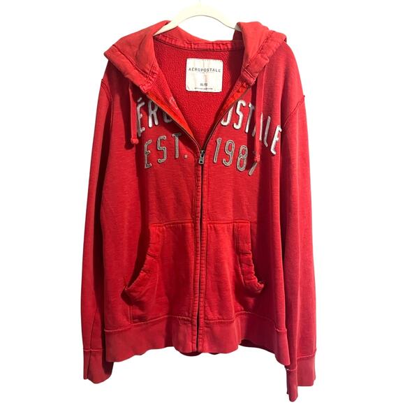 Vintage Aeropostale Zip Up Red Hoodie Jacket Distressed sz. XL w/Front Pockets - Picture 1 of 7